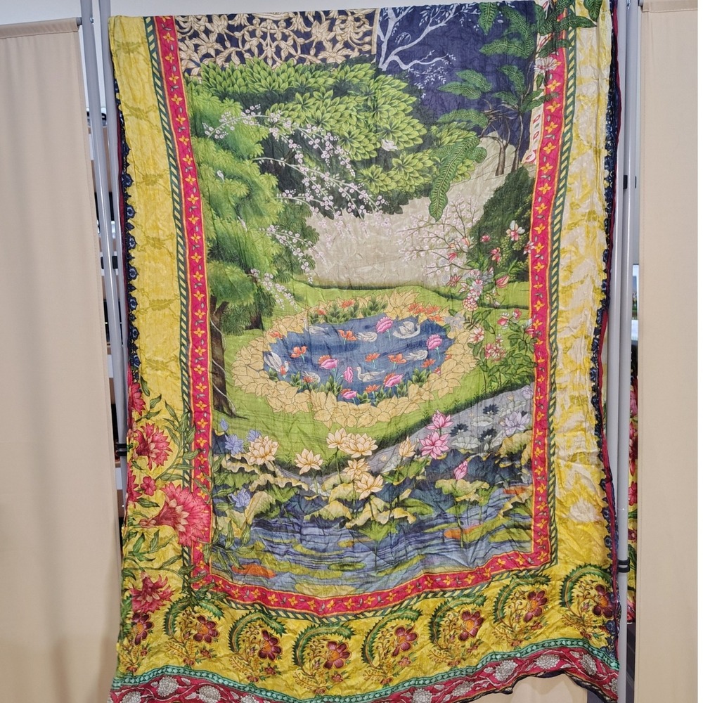 Silk Garden Landscape Shawl Scarf 40"x82" Swan Pond Whimsy Cottage Core Artsy